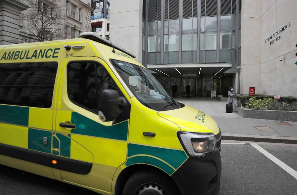 An ambulance leaves the St Bartholomew's Hospital where Britain's Prince Philip is being treated in London, Friday, March 5, 2021. Buckingham Palace says Prince Philip has had a successful heart procedure in a London hospital. The palace says the 99-year-old Duke of Edinburgh, the husband of Queen Elizabeth II, "underwent a successful procedure for a pre-existing heart condition at St Bartholomew's Hospital." (AP Photo/Frank Augstein)