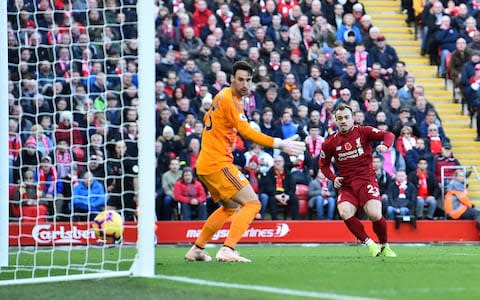 Xherdan Shaqiri of Liverpool scores the second goal during the Premier League match between Liverpool FC and Fulham FC at Anfield on November 11, 2018 in Liverpool, United Kingdom - Credit: Getty Images