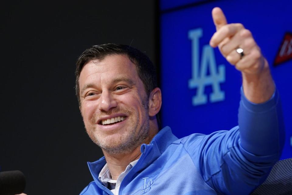 Andrew Friedman, president of baseball operations for the Dodgers, speaks at a press conference on October 18.