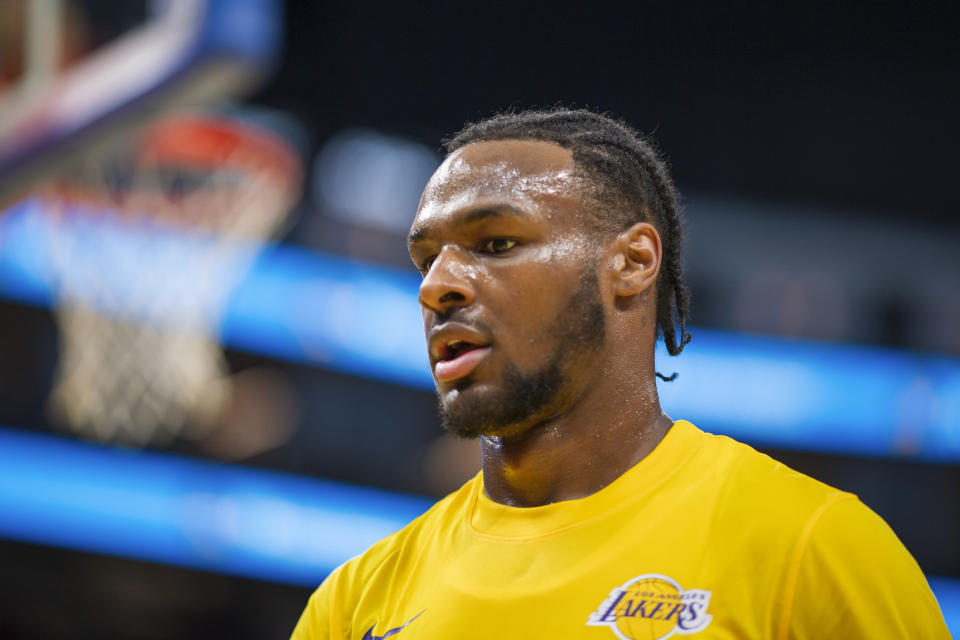 Los Angeles Lakers guard Bronny James walks off the court before an NBA summer league basketball game against the Sacramento Kings in San Francisco , Saturday, July 6, 2024. (AP Photo/Nic Coury)