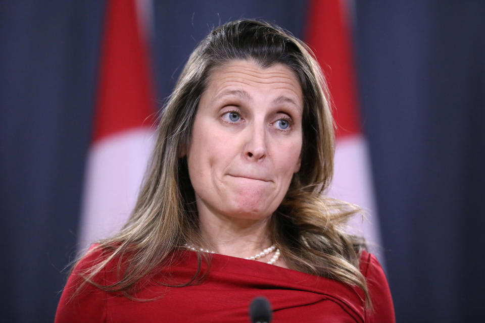 Canada's Foreign Minister Chrystia Freeland listens to a question during a news conference in Ottawa, Ontario, Canada, December 12, 2018. REUTERS/Chris Wattie