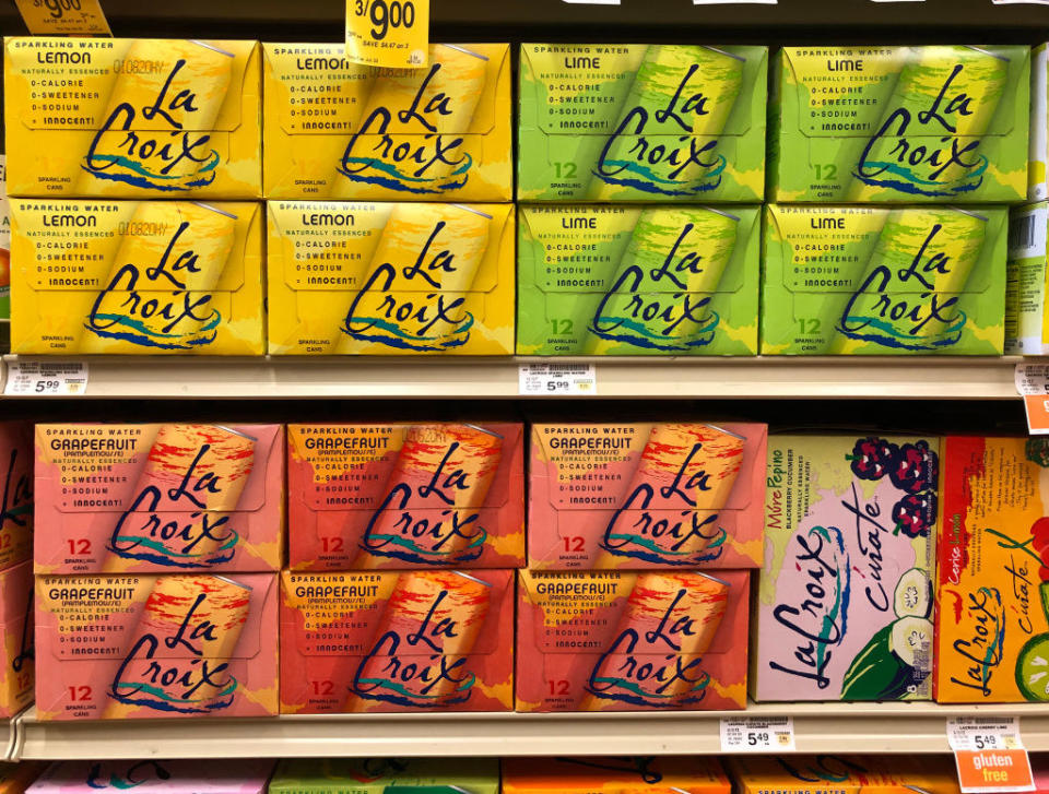 Boxes of LaCroix water at a market.