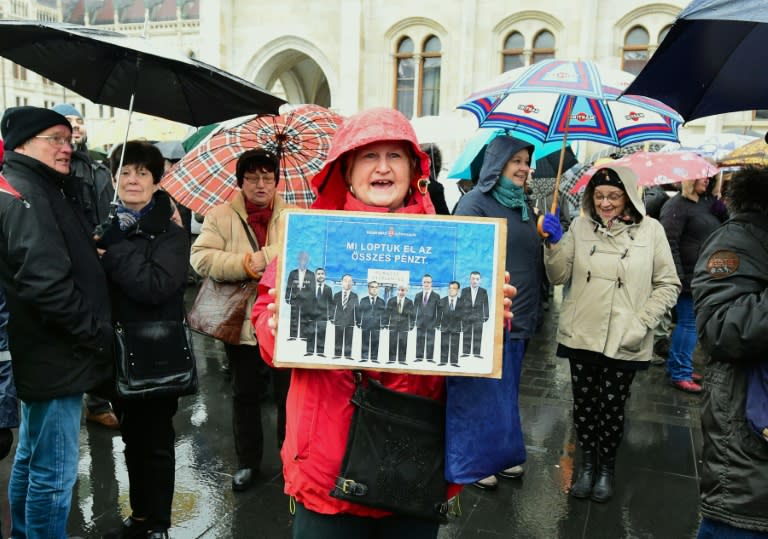 A woman holds a protest placard at the rally outside parliament in Budapest on February 13, 2016