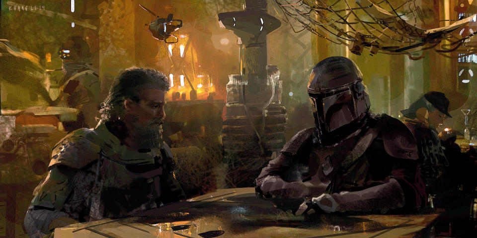 This image from &#39;The Art of Star Wars: The Mandalorian (Season 2)&#39; shows Mando and the Marshal sharing a drink at the local saloon in Mos Pelgo, a scene meant to evoke both the Old West and the city of Mos Espa as it appeared in &#39;The Phantom Menace.&#39; (Image: Khang Le used with permission from Abrams Books/Lucasfilm