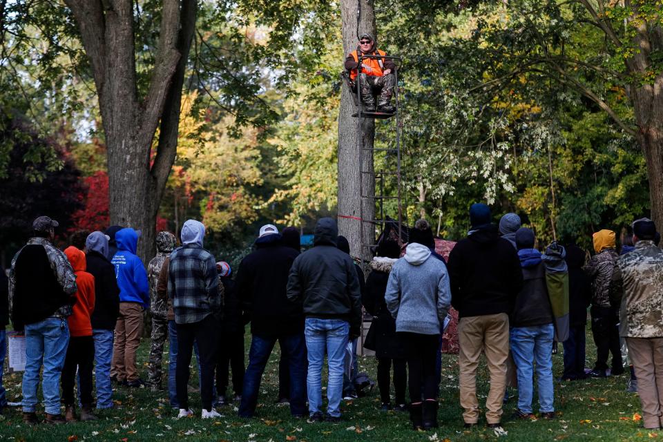 Instructor Gordon Van Putten Jr. talks about safely using a tree stand during a hunter safety course at the Western Wayne County Conservation Association in Plymouth on Oct. 8, 2022.