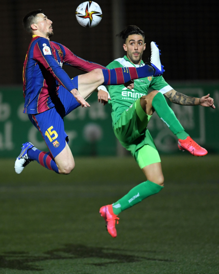 BARCELONA, SPAIN - JANUARY 21: Clement Lenglet of Barcelona battles for possession with Albert Manel Estelles.