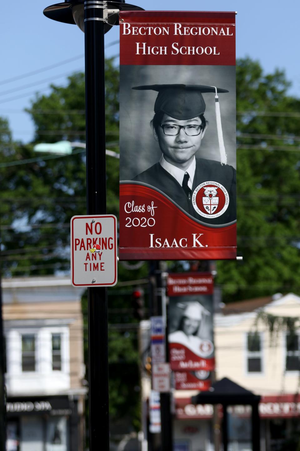 Pictures of Becton Regional High School seniors are shown on Paterson Avenue in East Rutherford, N.J. The school district, which includes East Rutherford and Carlstadt, raised money to put up banners throughout the towns depicting all (approximately 130) graduating seniors.