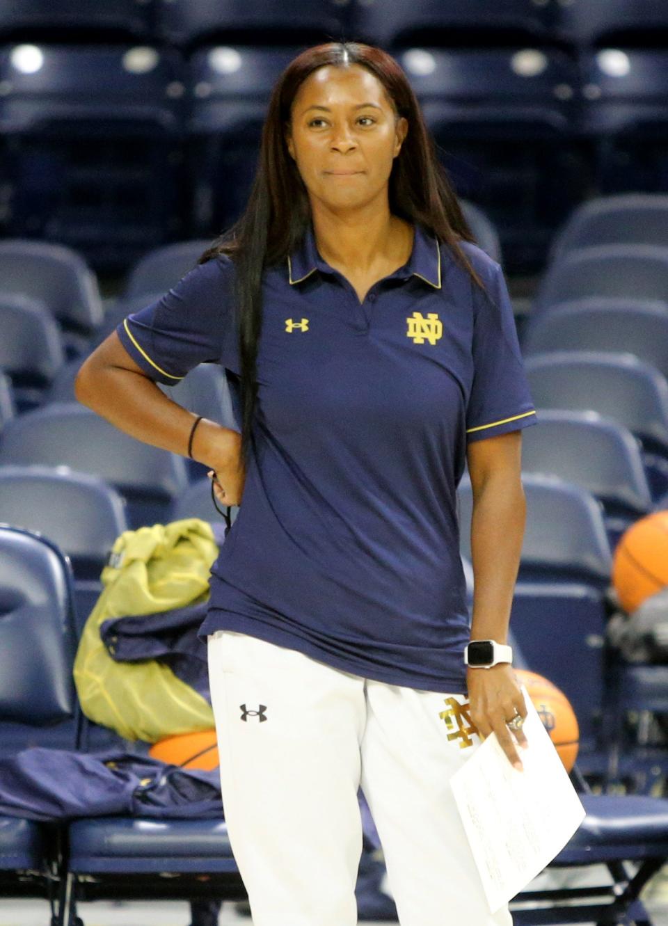 Notre Dame women's basketball coach Niele Ivey watches at practice Tuesday, Oct. 10, 2023, at the Notre Dame women’s basketball media day at Purcell Pavilion on South Bend.