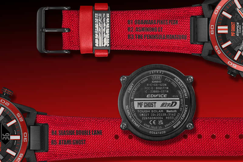 錶帶外側紅色Cordura® 尼龍材質並印有《MF Ghost》中的賽車道名稱。