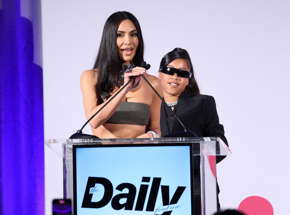 (L-R) Kim Kardashian and North West speak onstage during The Daily Front Row's Seventh Annual Fashion Los Angeles Awards at The Beverly Hills Hotel on April 23, 2023 in Beverly Hills, California.