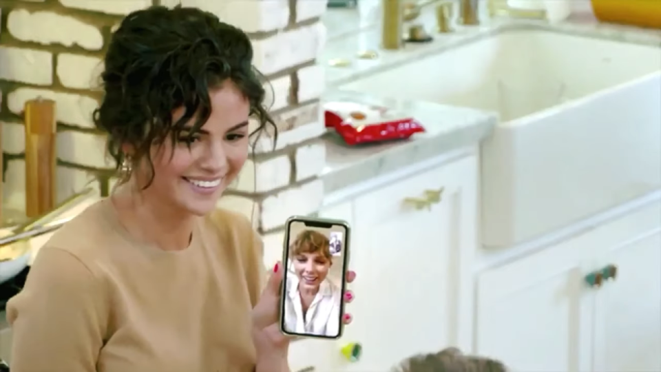 Selena with Taylor Swift on a call on Selena+Chef.