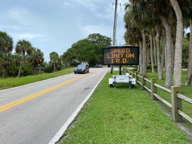 An electronic message board in Fort Pierce warns drivers of the plans to change the speed limit on Indian River Drive in St. Lucie County from 35 mph to 25 mph, effective May 26, 2023.