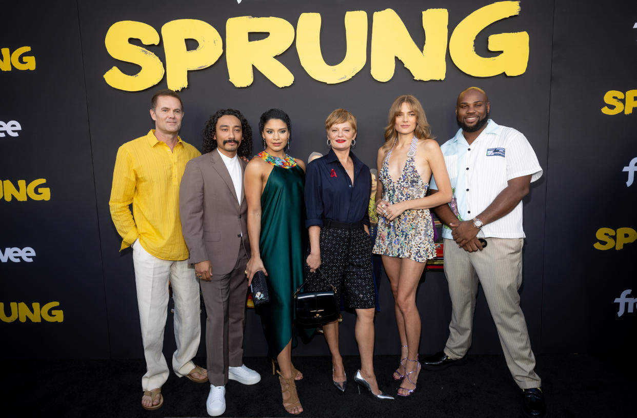 Garret Dillahunt, Phillip Garcia, Shakira Barrera, Martha Plimpton, Clare Gillies and James Earl attend the red carpet premiere of Freevee’s “Sprung” at Hollywood Forever Cemetery on Aug. 14. - Credit: Getty Images