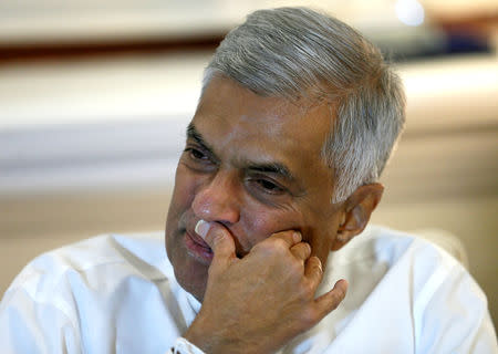 Sri Lanka's ousted Prime Minister Ranil Wickremesinghe gestures during an interview with Reuters at the Prime Minister's official residence in Colombo, Sri Lanka November 3, 2018. Picture taken November 3,2018. REUTERS/Dinuka Liyanawatte