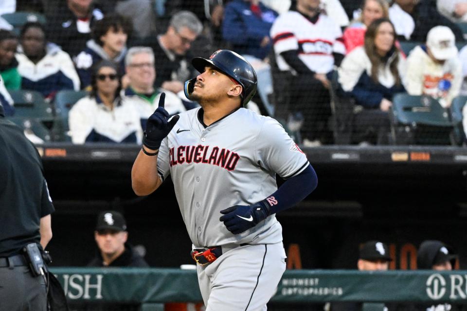 Guardians first baseman Josh Naylor reacts after hitting a fourth-inning home run against the White Sox, May 11, 2024, in Chicago.