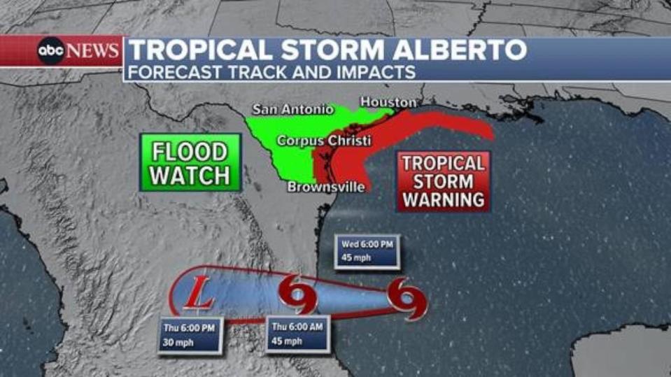 PHOTO: Tropical Storm Alberto is moving west at 9 mph and is expected to increase in speed, making landfall in Mexico overnight.  (ABC News)