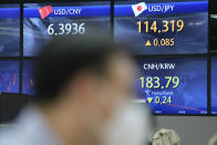 A currency trader watches computer monitors near the screens showing the foreign exchange rates at a foreign exchange dealing room in Seoul, South Korea, Thursday, Oct. 21, 2021. Shares are mixed in Asia after major Chinese property developer Evergrande said a plan to sell its property management arm to a smaller rival had fallen through. (AP Photo/Lee Jin-man)