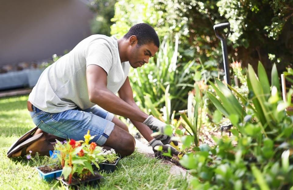 A person kneeling next to a garden bed planting flowers and vegetables in May.