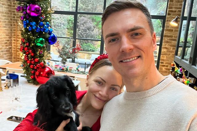 <p>Ben Alldis/Instagram</p> Leanne Hainsby and Ben Alldis pose for a selfie with their puppy Jags.