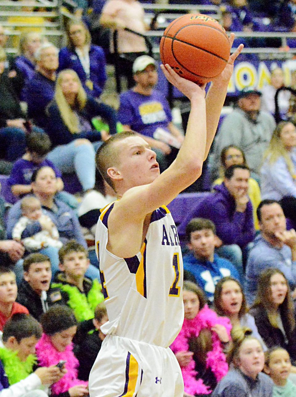 Watertown's Kohen Kranz cans a 3-pointer late in the first half of the Arrows' 61-51 high school boys basketball victory over Rapid City Stevens in the Civic Arena.