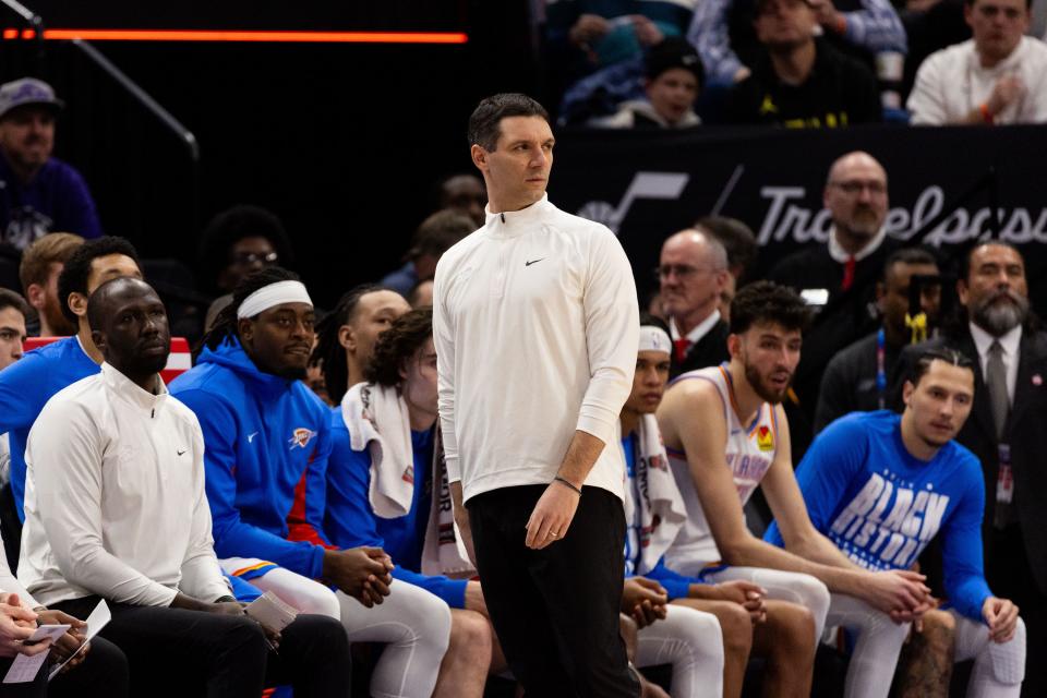 Oklahoma City Thunder head coach Mark Daigneault watches from the sidelines during an NBA basketball game between the Utah Jazz and the Oklahoma City Thunder at the Delta Center in Salt Lake City on Tuesday, Feb. 6, 2024. | Megan Nielsen, Deseret News