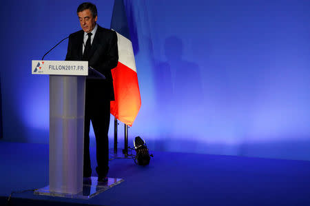 Francois Fillon, former French prime minister, member of the Republicains political party and 2017 presidential candidate of the French centre-right, attends a news conference to present his "project for France" in Paris, France, March 13, 2017. REUTERS/Philippe Wojazer