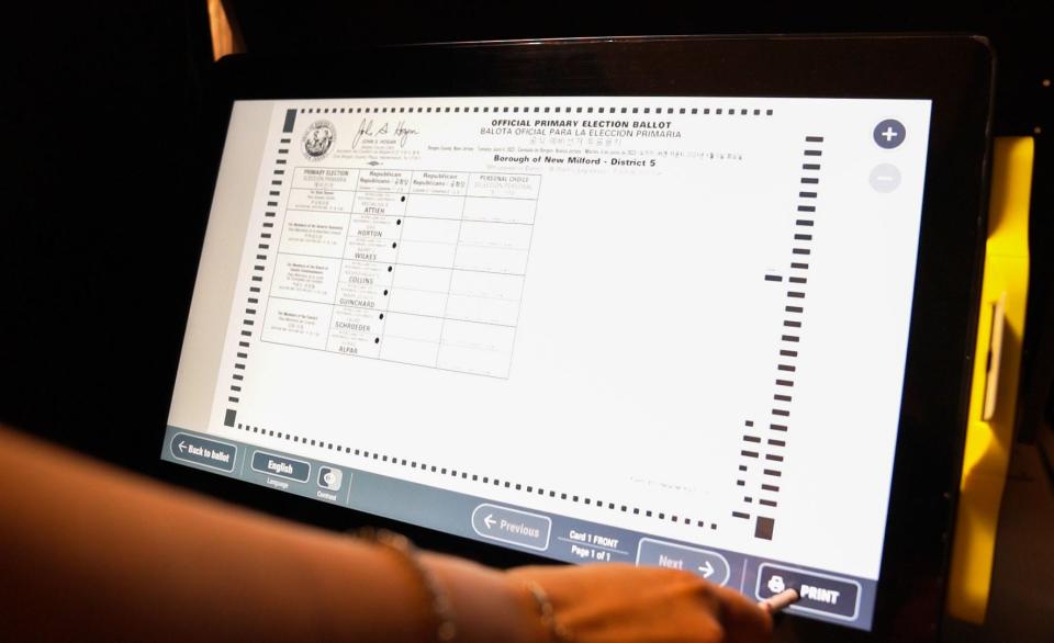 The screen on the new voting machine, which has a similar display to a paper ballot, as a NorthJersey.com reporter votes in the New Jersey primary in New Milford on June 6, 2023.