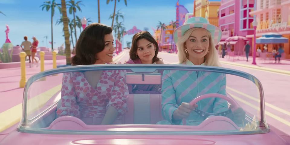 America Ferrera as Gloria, Ariana Greenblatt as Sasha, and Margot Robbie as Barbie in "Barbie."