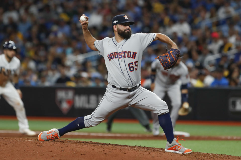 ST. PETERSBURG, FL - OCTOBER 08: Houston Astros starting pitcher Jose Urquidy (65) delivers a pitch during Game 4 of the ALDS between the Houston Astros and Tampa Bay Rays on October 8, 2019 at Tropicana Field in St. Petersburg, FL. (Photo by Mark LoMoglio/Icon Sportswire via Getty Images)