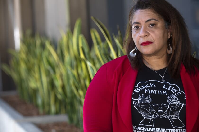 LOS ANGELES, CA - AUGUST 26: Portrait of the United Teachers Los Angeles Presidentat Cecily Myart-Cruz on Wednesday, Aug. 26, 2020 in Los Angeles, CA. She is wearong a wearing a Black Lives Matter shirt. (Francine Orr / Los Angeles Times)