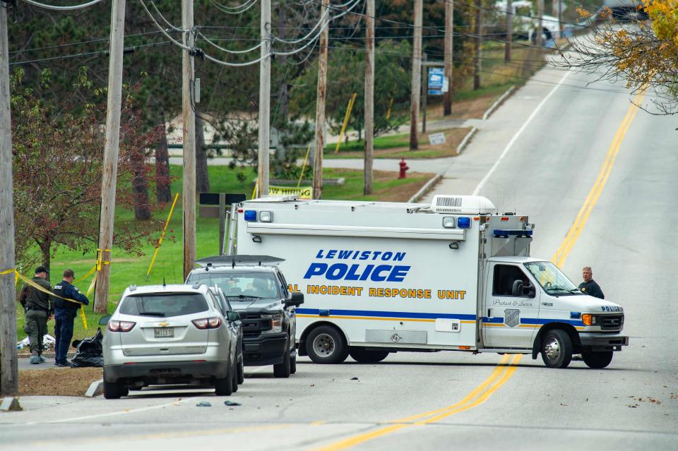 Police back a up a truck at Schemengees Bar where a mass shooting occurred yesterday in Lewiston, Maine on Oct. 26, 2023.