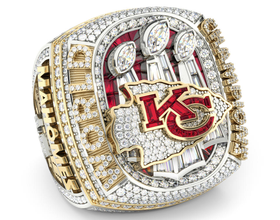 This photo provided by Jostens and the Kansas City Chiefs shows the Super Bowl LVII Championship Ring. The Kansas City Chiefs got their Super Bowl rings Thursday night, June 15, 2023, during a private ceremony at Union Station. (Jostens and the Kansas City Chiefs via AP)