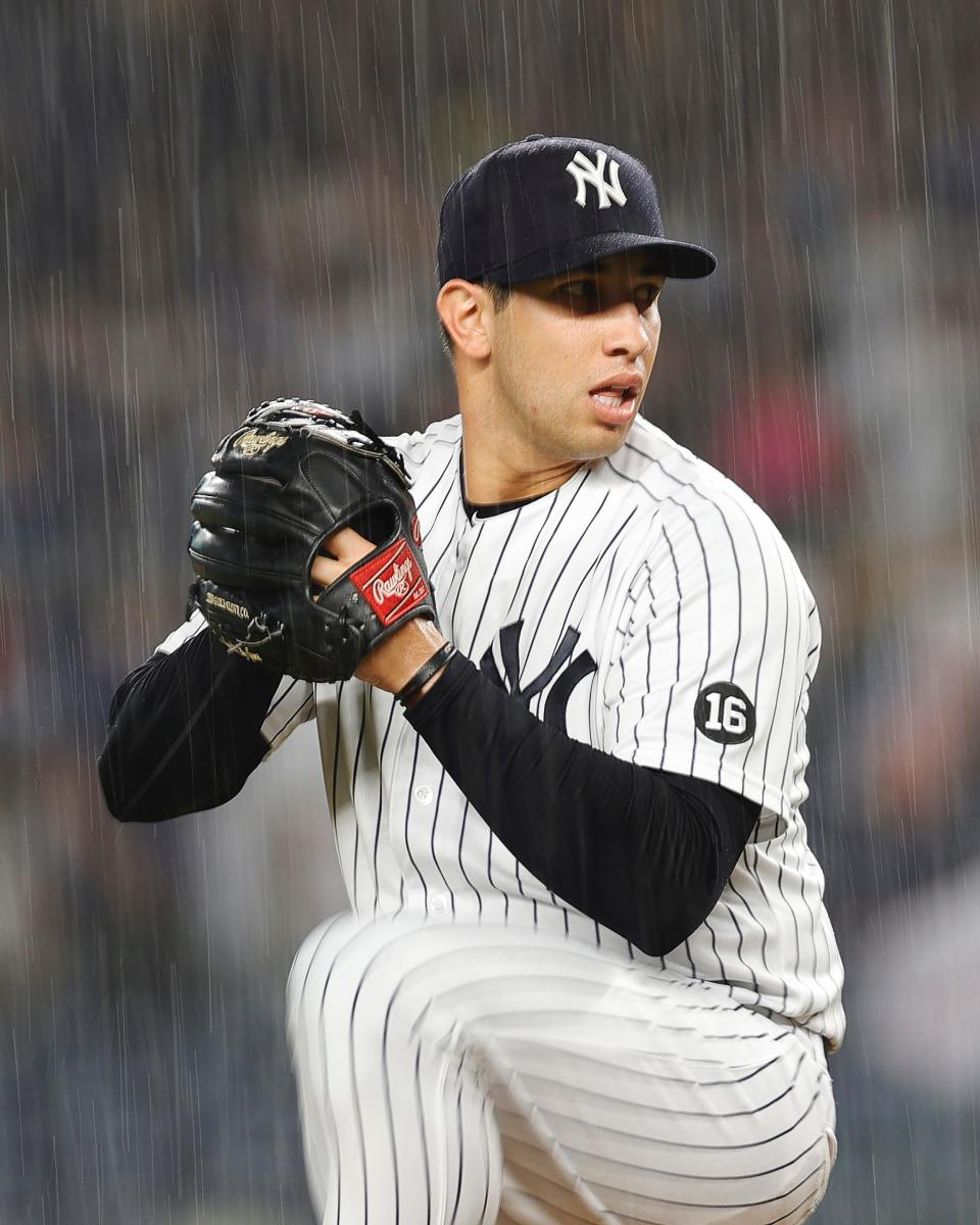 New York Yankees pitcher Luis Cessa winds up in the rain against the Los Angeles Angels at Yankee Stadium.