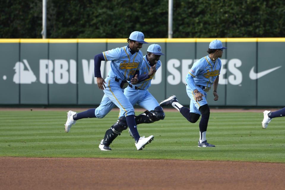 Southern University players run drills before a college baseball game against Alabama State at the Andre Dawson Classic tournament, Friday, Feb. 23, 2024, at the Jackie Robinson Training Complex, in Vero Beach, Fla. The percentage of Black major league players has been declining for decades and remains historically low, but there are signs of improvement in the league's player development pipeline. (AP Photo/Lynne Sladky)