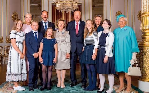The Norwegian royal family with Queen Sonja and King Harald V at the centre - Credit: getty images