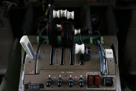 Control levers are seen in the cockpit of a Boeing 747 set to be dismantled in the recycling yard of Air Salvage International (ASI) in Kemble, central England November 27, 2013. REUTERS/Stefan Wermuth