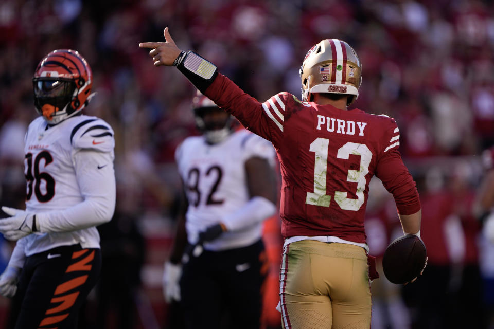 SANTA CLARA, CALIFORNIA – OCTOBER 29: Brock Purdy #13 of the San Francisco 49ers signals for a first down during the third quarter of the game against the Cincinnati Bengals at Levi’s Stadium on October 29, 2023 in Santa Clara, California. (Photo by Thearon W. Henderson/Getty Images)