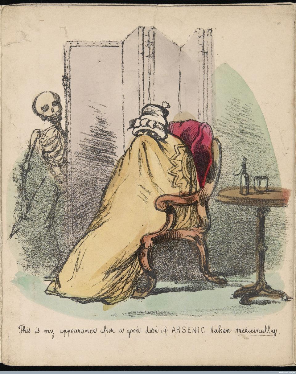 A patient suffering adverse effects of arsenic treatment.  Color lithograph, circa 1850s, by James Morison.