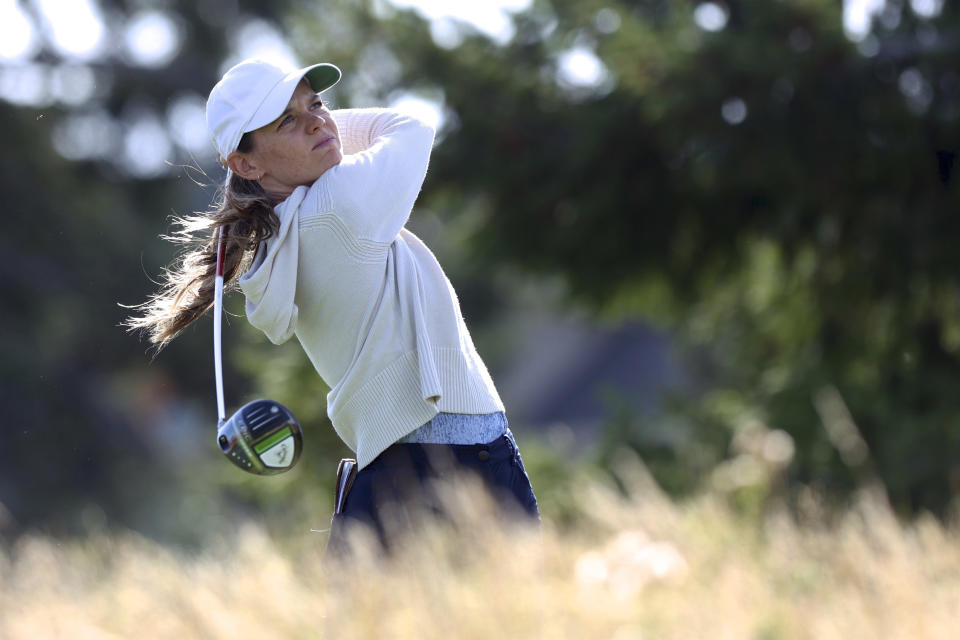 Sarah Schmelzel watches her tee shot on the second hole during the first round of the LPGA Cambia Portland Classic golf tournament in West Linn, Ore., Thursday, Sept. 16, 2021. (AP Photo/Steve Dipaola)