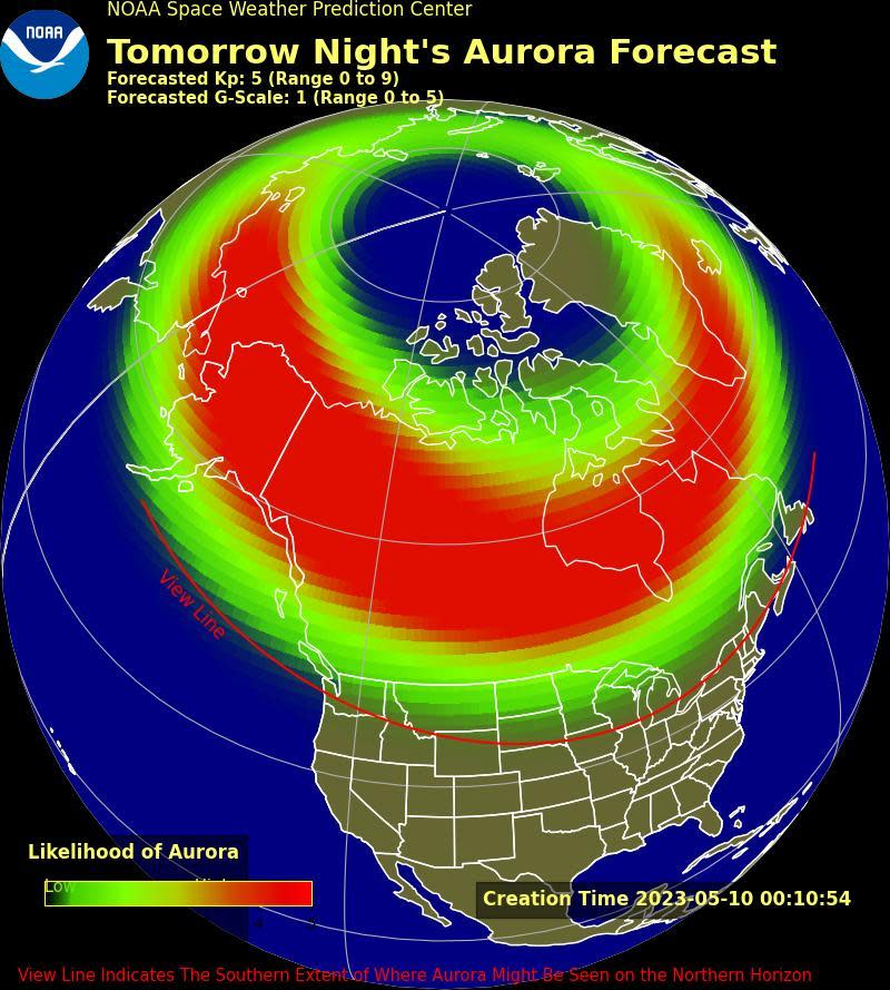 Aurora visibility forecast for May 10, 2023 / Credit: NOAA