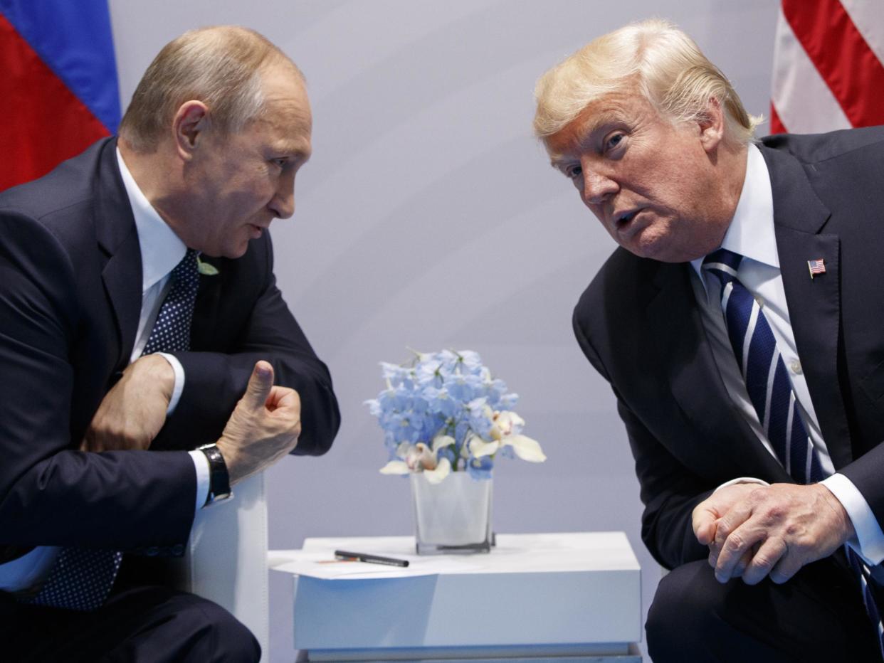 US President Donald Trump and Russian President Vladimir Putin announced a jointly-brokered truce in the south of the war-torn country on 8 July at the G20 conference in Hamburg: Evan Vucci/AP Photo