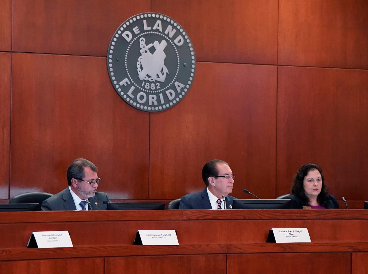 State Rep. Tom Leek, left, Sen. Tom Wright, center, and other lawmakers who represent Volusia County in Tallahassee spent nearly four hours Tuesday listening to government and community leaders, as well as residents, at a delegation meeting in DeLand.