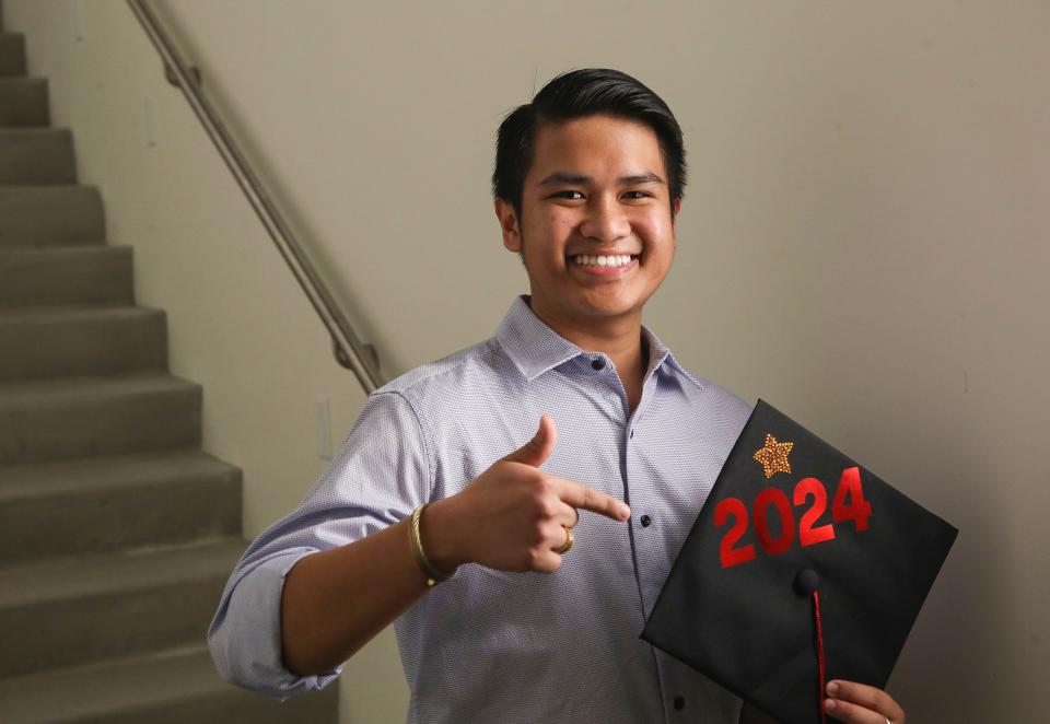 Derick Talay is graduating from College of the Desert in Palm Desert, Calif., May 5, 2024.