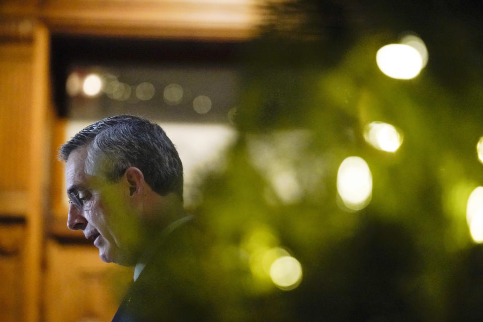 Georgia Secretary of State Brad Raffensperger speaks during a news conference on Monday, Nov. 30, 2020, in Atlanta. (AP Photo/Brynn Anderson)