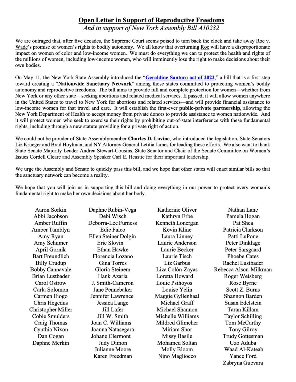 An open letter advocating on behalf of the Geraldine Santoro act of 2022.