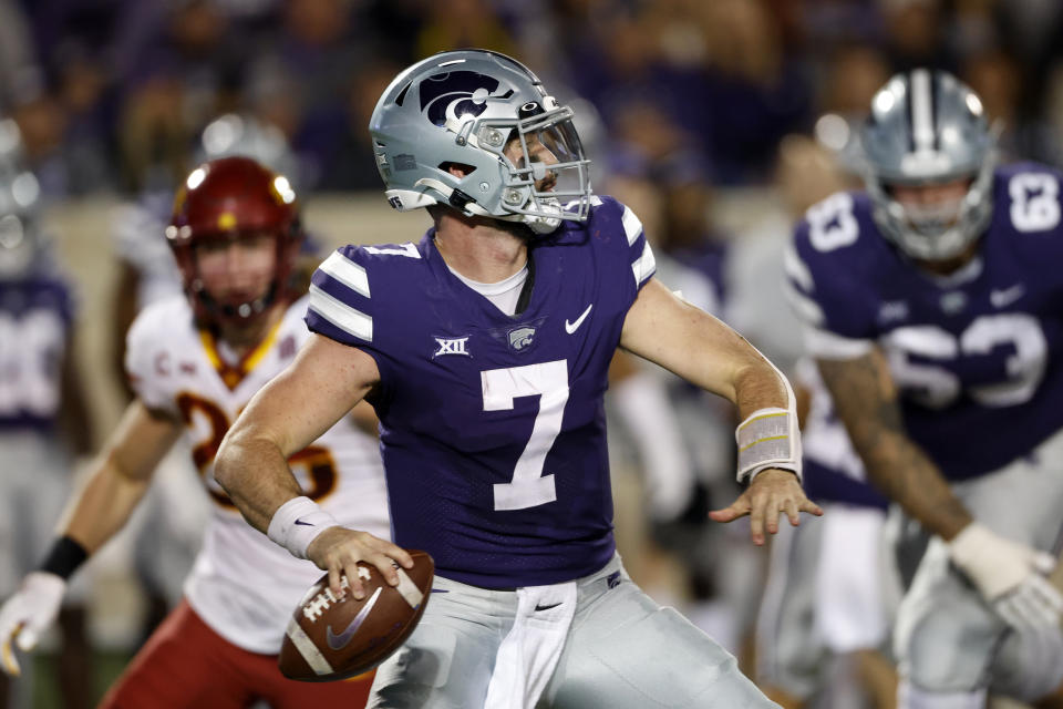 Kansas State quarterback Skylar Thompson (7) looks for an open receiver during the fourth quarter of the team's NCAA college football game against Iowa State on Saturday, Oct. 16, 2021, in Manhattan, Kan. (AP Photo/Colin E. Braley)