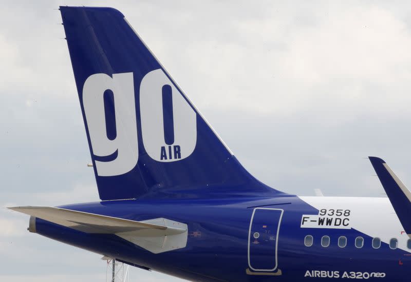 FILE PHOTO: The logo of GoAir airline is pictured on an A320neo aircraft at the builder's headquarters of Airbus in Colomiers near Toulouse