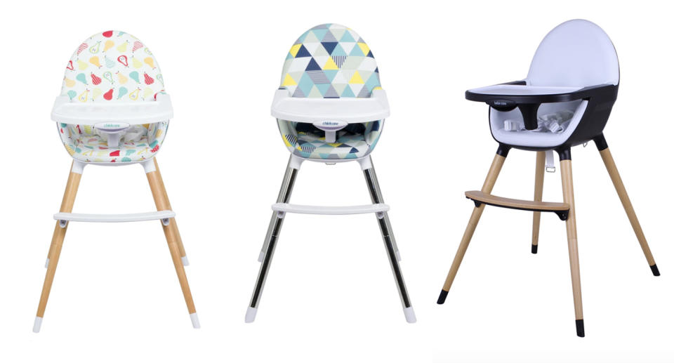 LEFT: The Childcare Pod High Chair. MIDDLE: The Childcare Coda High Chair RIGHT: The Bebecare Pod Nui High Chair. Source: CNP Brands