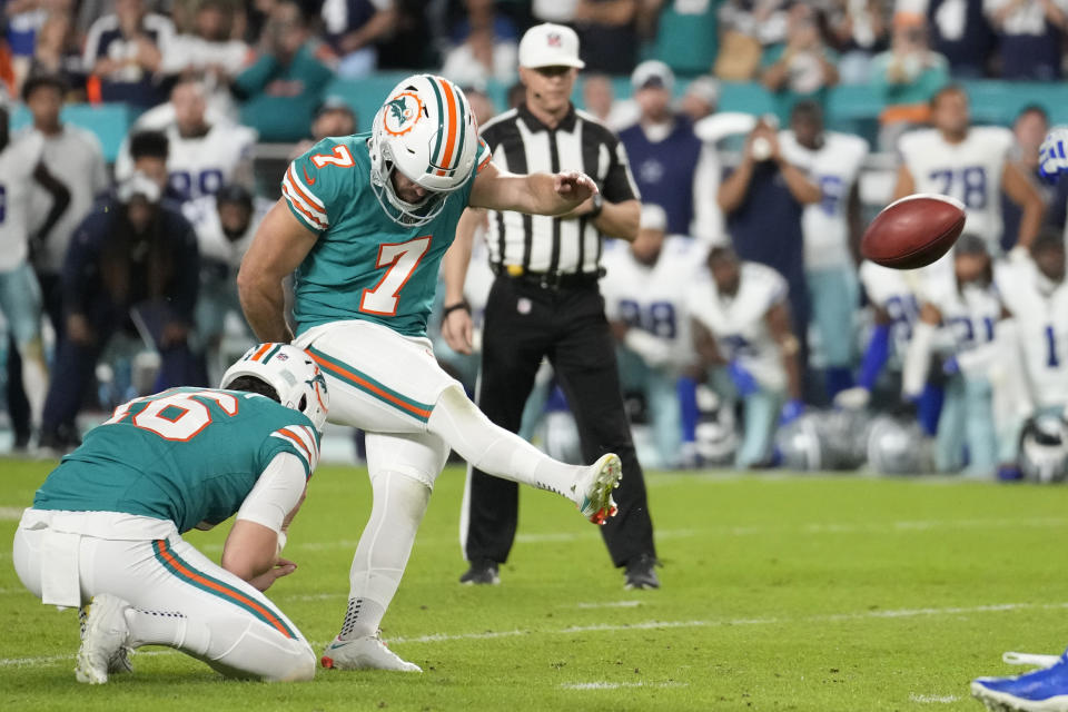 Miami Dolphins place kicker Jason Sanders (7) kicks the game winning field goal during the second half of an NFL football game against the Dallas Cowboys, Sunday, Dec. 24, 2023, in Miami Gardens, Fla. (AP Photo/Rebecca Blackwell)