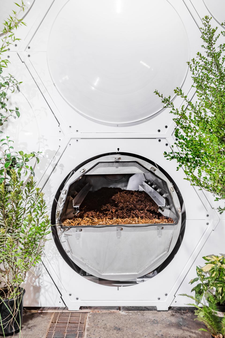 Recompose, a Seattle-based company, demonstrates the human composting process.